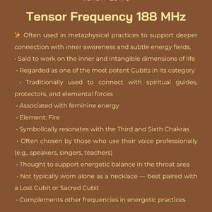 May include: A brown graphic with the text "Tensor Store" and "Tensor Frequency 188 MHz." The text describes the frequency's use in metaphysical practices, connection with inner awareness, and energetic balance.