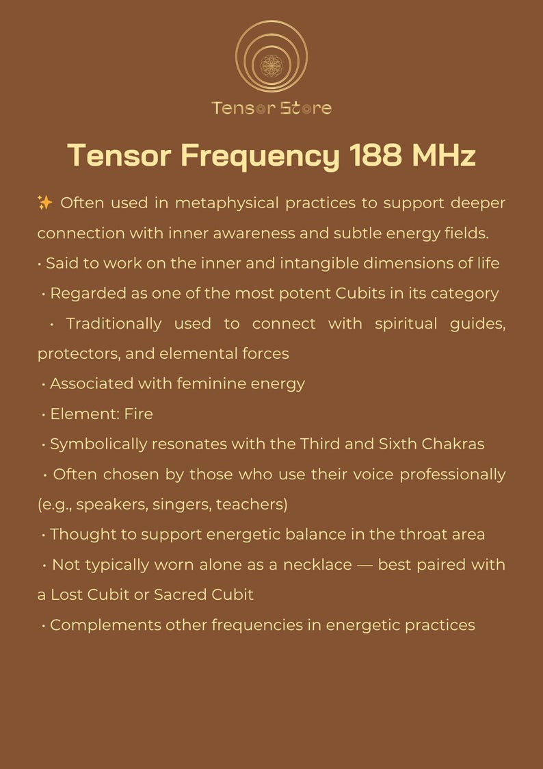 May include: A brown graphic with the text "Tensor Store" and "Tensor Frequency 188 MHz." The text describes the frequency's use in metaphysical practices, connection with inner awareness, and energetic balance.