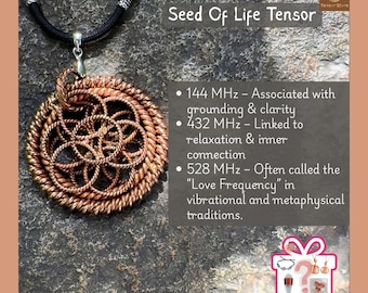 Tensor Seed of Life Pendant – Copper Tensor Trio 528, 432, 144 MHz, Solfeggio Frequency Necklace, Wellness Gift for Dad, Spiritual Gift