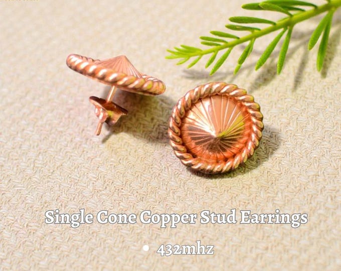 Single Cone Copper Stud Earrings, Handcrafted Sunburst Copper Earrings, Minimal Sacred Geometry Stud Jewelry with 432 MHz Concept