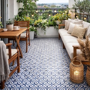 Blue Floral Vinyl Tile Stickers: Peel and Stick PVC Floor Decals -30x30 cm