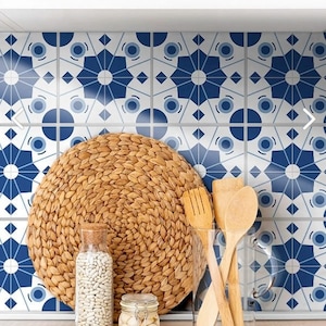Water resistant sticker tiles, Blue tile decals for kitchen and bathroom, Backsplash tile stickers, Self adhesive wall decals, DIY flooring
