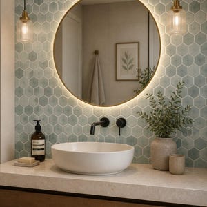 May include: A modern bathroom with a round, backlit mirror above a white sink. The wall features hexagonal tiles in shades of green and blue. Decorative elements include a vase with greenery, pendant lights, and a wooden vanity.