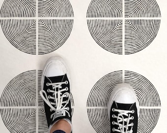 Zwart-witte geometrische cirkel peel-and-stick vloertegel – zelfklevend pvc