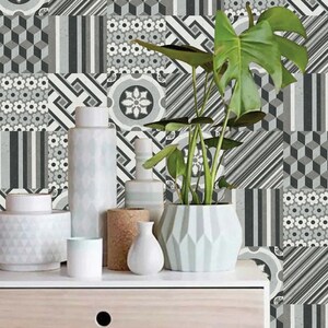 Modern vinyl tiles, Gray geometric floor tiles, Backsplash tile stickers, Self adhesive PVC tiles, Peel and stick tiles, DIY flooring