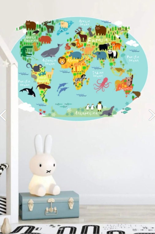Nursery World Map, World Map for Kids, Kids Map Wall Art, Animal World
