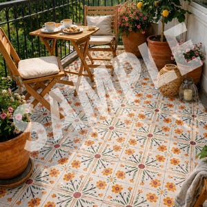 May include: A balcony scene with a wooden table and chairs set for two, surrounded by potted plants and flowers. The floor features patterned tiles with orange floral designs. A lemon tree and a wrought iron railing complete the outdoor setting.