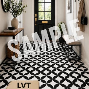 MONSTER: Zwart-witte geometrische LVT-vloertegel | Zelfklevende moderne keukenvloer (1,5 mm)