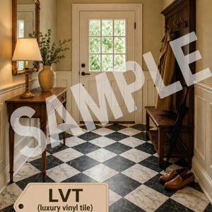 Può includere: Un ingresso con pavimento a scacchi bianco e nero effetto marmo. Sono visibili una panca in legno, un attaccapanni e un tavolo con una lampada. Il testo "LVT (luxury vinyl tile) 1,5 mm thickness" è visualizzato.