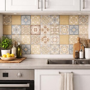 Patchwork vinyl flooring,  Vintage tile stickers:  Backsplash, Peel and stick tile