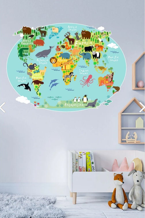 Nursery World Map, World Map for Kids, Kids Map Wall Art, Animal World