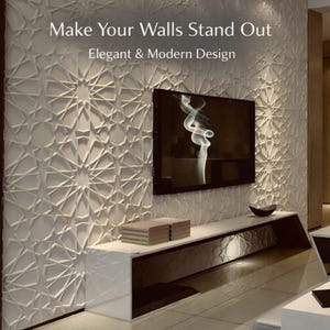 May include: A contemporary living room featuring a white geometric patterned wall. A flat-screen TV is mounted on the wall above a white and dark brown entertainment unit. The text "Make Your Walls Stand Out, Elegant & Modern Design" is at the top.