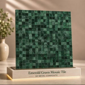 May include: A square panel of emerald green mosaic tiles featuring a grid of small, textured square pieces in varying shades of deep green. The panel rests on a white rectangular base with the text Emerald Green Mosaic Tile 3D METAL COMPOSITE.