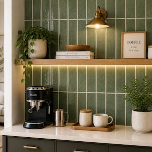 Könnte beinhalten: Küchenszene mit einer schwarzen Espressomaschine, einem Edelstahlkrug und einem Holztablett mit einer Tasse und einem kleinen Behälter. Ein Holzregal beherbergt Bücher, eine Schüssel und ein gerahmtes Schild mit der Aufschrift "Coffee a hug in a mug."