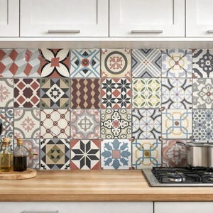 Patchwork vinyl flooring,  Vintage tile stickers:  Backsplash, Peel and stick tile