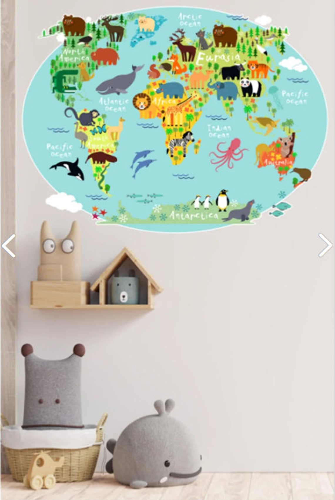 Nursery World Map, World Map for Kids, Kids Map Wall Art, Animal World ...