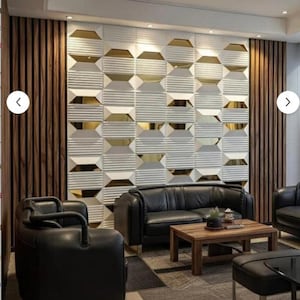 May include: A modern living room featuring a black leather sofa and armchairs, a wooden coffee table, and a decorative wall with white geometric panels and gold accents. The room has a neutral carpet and wooden paneling.