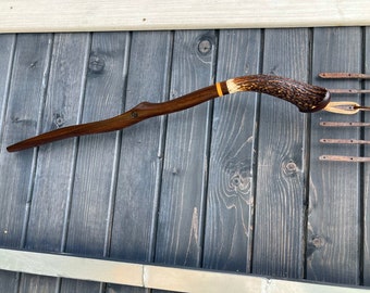 Long Walnut Shoehorn, shoe spoon with deer horn handle.