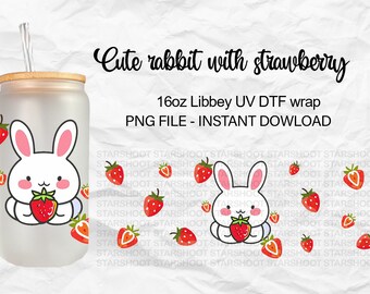 Rabbit with strawberry 16oz libbey glass can wrap, sublimation template, libbey design, template to sublimate, Chibi, sublimation16oz mug