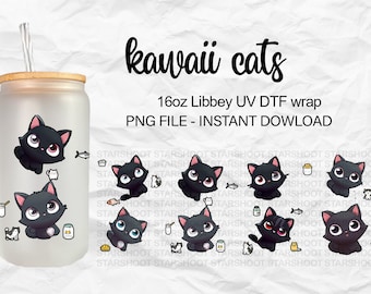 kawaii kitty 16oz libbey glass can wrap, sublimation template, libbey design, template to sublimate, Chibi, sublimation16oz mug, uv dtf