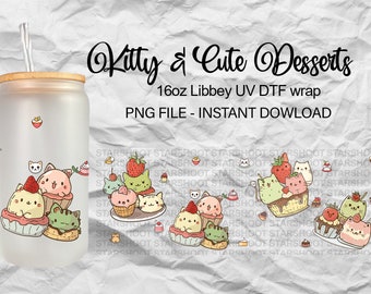 Kitty & Cute Desserts 16oz libbey glass can wrap, sublimation template, libbey design, template to sublimate, Chibi, sublimation16oz mug