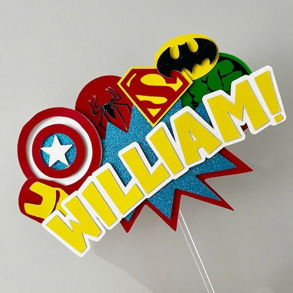 Décoration de gâteau Avengers | Décoration pour gâteau Superman | Décoration de gâteau personnalisée | Décoration pour gâteau faite main | Nom du super-héros | Fête d'anniversaire de super-héros