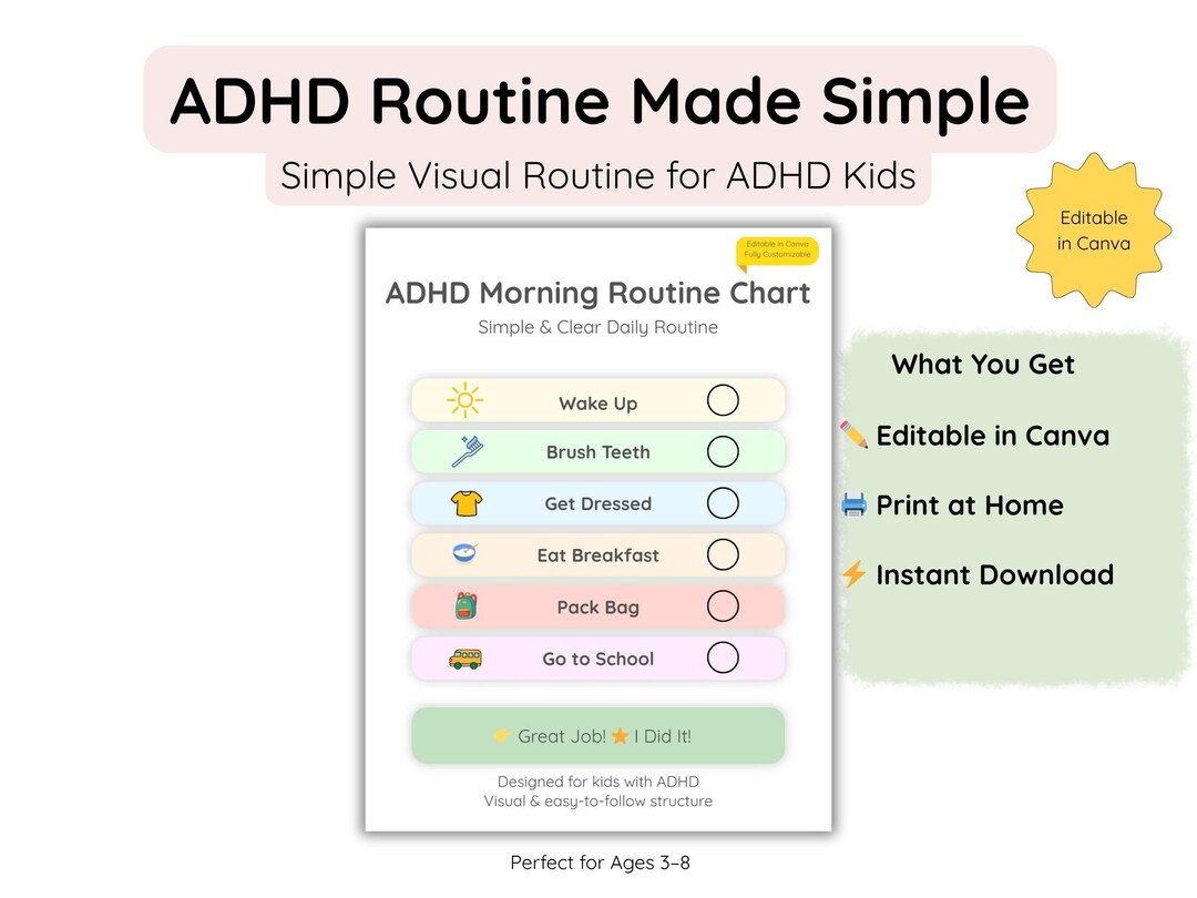 ADHD Morning Routine Chart for Kids, Visual Schedule, Editable Canva ...