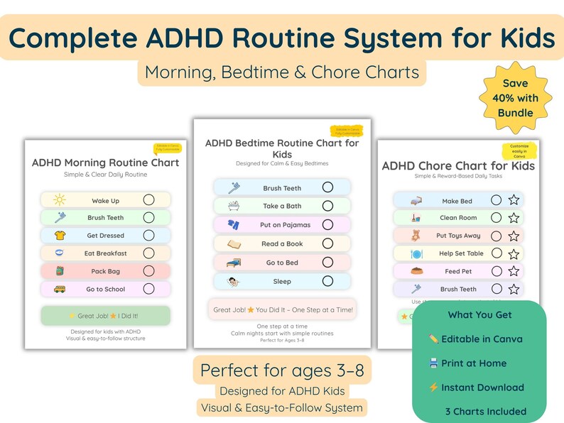 ADHD Routine Chart Bundle for Kids, Morning Bedtime Chore Chart, Visual ...