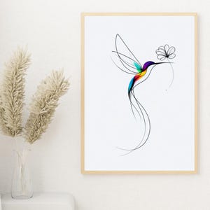 Decoración de pared minimalista con colibrí, arte lineal imprimible, dibujo digital de pájaro bohemio moderno, póster con estampado animal abstracto colorido