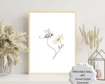 Minimalist Bee Line Art Print, Yellow Floral Illustration (Digital Download), calming wall art
