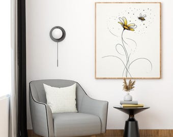 Minimalist Bee Line Art Print, Yellow Flower Illustration (Digital Download)