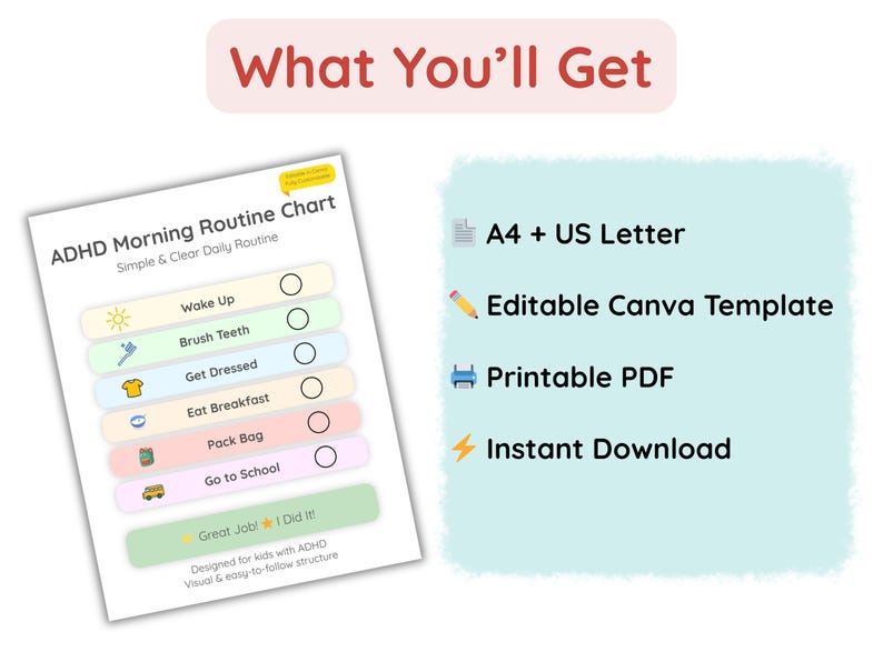 ADHD Morning Routine Chart for Kids, Visual Schedule, Editable Canva ...