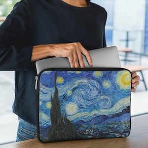 May include: A black laptop sleeve with a vibrant blue and yellow starry night design. The sleeve features a swirling sky with a crescent moon and a village in the distance.