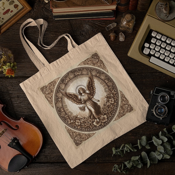 Heavenly Guardian: Vintage Style Angel Figure, Angel Cotton Canvas Tote Bag