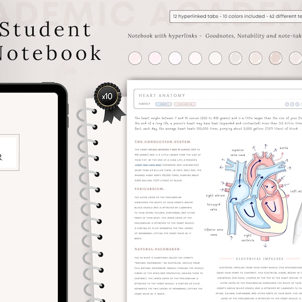 Bloc-notes numérique étudiant avec onglets, bloc-notes Goodnotes, bloc-notes étudiant, blocs-notes numériques, modèles numériques, bloc-notes beige minimaliste