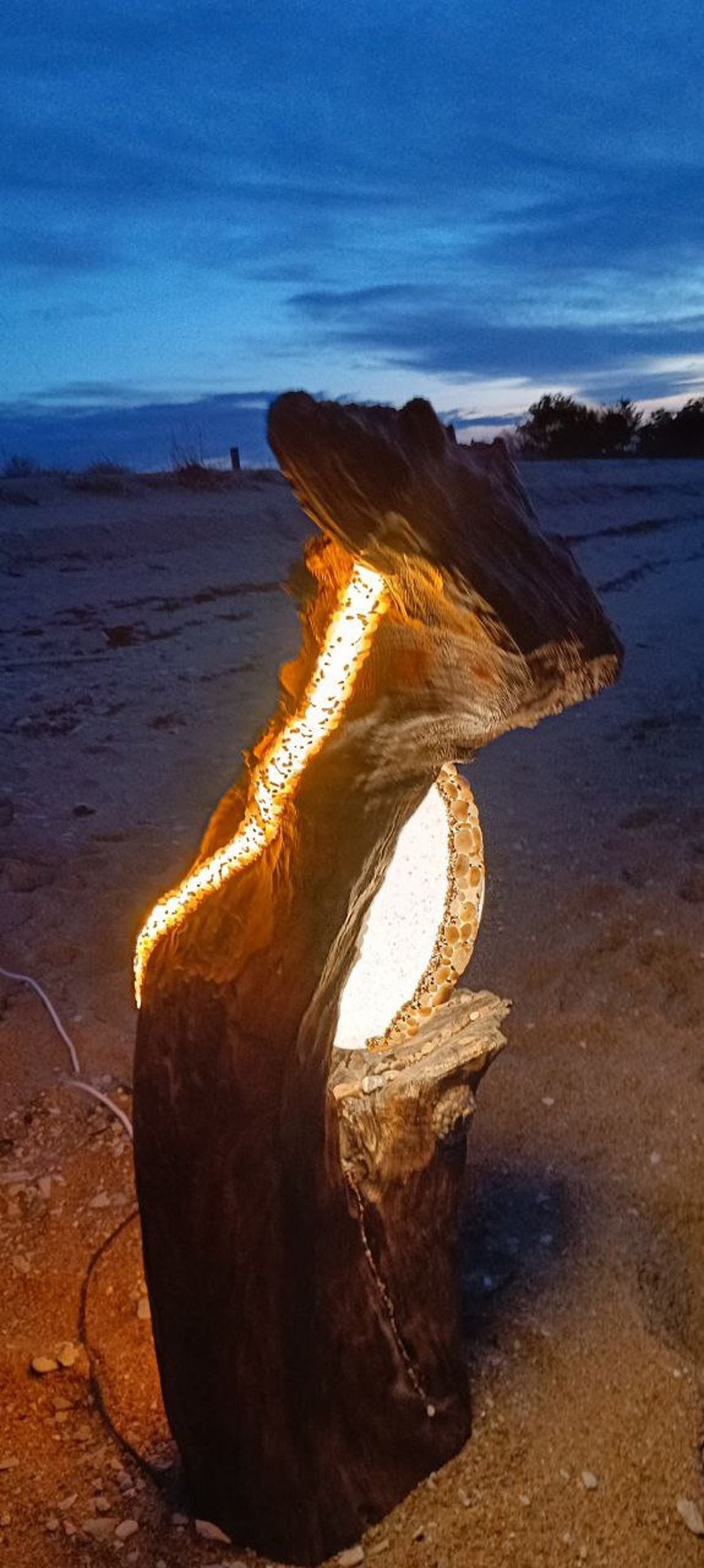 bois, léger, rustique, fait main, unique, art, incroyable, naturel, lumière chaude, lampadaire, clair de lune, lumière LED, grande lampe, image 2