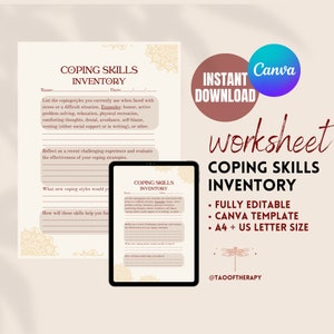 Coping Skills Inventory Reflection Worksheet Template Mental Health Psychology Session Prompts Psychotherapy Counselor Tools Therapy Coping