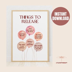 Things to Release Poster Negative Mindset Change Therapy, Mental Health Art Therapist Office Decor Positivity CBT Coach Tools Counselor Room