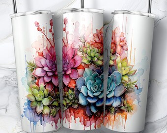Encre d’alcool Aquarelle Succulent Skinny Tumbler 20oz | Conception de sublimation | Téléchargement numérique instantané PNG | Version droite et conique