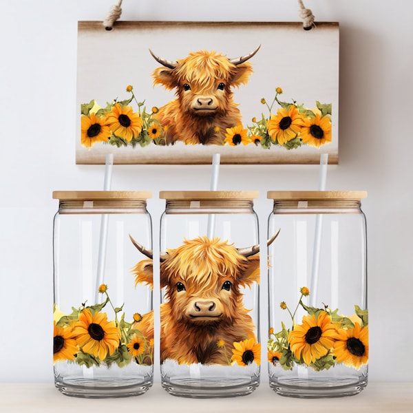 Bébé Highland Cow Tournesols 16oz Libbey Can Glass PNG | Conception d’enveloppe de sublimation | Emballage numérique de tasse en verre givré et transparent