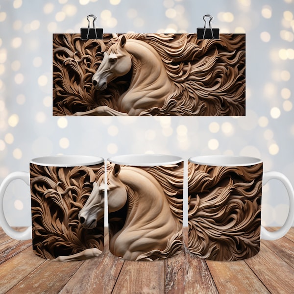 3D Carving Wooden Horse 11oz and 15oz mug digital wrap | Sublimation Design | Instant Digital Download PNG