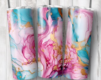Gobelet fin 20 oz à encre d'alcool rose sarcelle d'or | Conception par sublimation | Téléchargement numérique instantané PNG | Version droite et conique