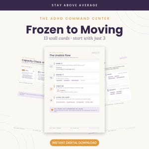Puede incluir: Un conjunto de 13 tarjetas de pared tituladas The ADHD Command Center: Frozen to Moving. Las tarjetas presentan indicaciones estructuradas como The Unstick Flow, Capacity Check-In y secciones de planificación de comidas con texto morado oscuro.