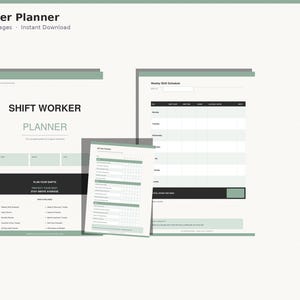 以下が含まれることがあります： SHIFT WORKER PLANNERというテキストが記載された表紙、週次シフトスケジュールテンプレート、詳細な追跡シートを含むシフトワーカー向けプランナーのデジタルドキュメントセット。白地にセージグリーンと黒の配色が施されています。