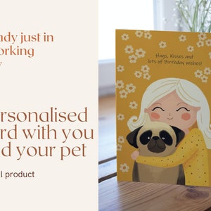 Personalised greeting card, poster with you and your pet. Handmade Cartoon Pet Portrait, Cartoon Portrait, Cute illustration.