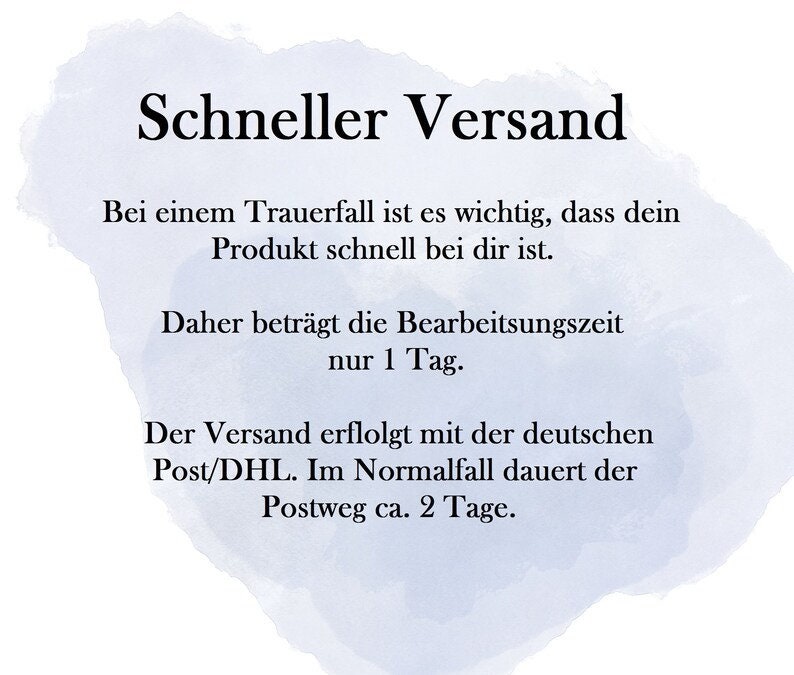 May include: Text on a white background with a blue watercolor design. The text reads "Schneller Versand" and further details about processing and shipping times. The text is in German.