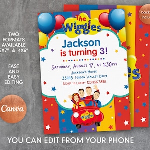 May include: A printable invitation for a child's birthday party featuring The Wiggles characters. The invitation is red, yellow, and blue with stars and balloons. The text reads "The Wiggles, Jackson is turning 3! Saturday, August 17, at 1:30pm, Jackson's House, 33445 Hidden Valley Drive, RSVP to Lindsey 123.456.7890".