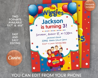 May include: A printable invitation for a child's birthday party featuring The Wiggles characters. The invitation is red, yellow, and blue with stars and balloons. The text reads "The Wiggles, Jackson is turning 3! Saturday, August 17, at 1:30pm, Jackson's House, 33445 Hidden Valley Drive, RSVP to Lindsey 123.456.7890".