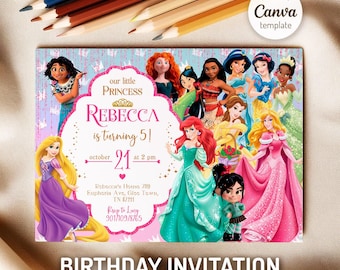 May include: A birthday invitation featuring various cartoon princesses. The invitation has a pink and blue background with the text "REBECCA is turning 5!" and event details. The words "BIRTHDAY INVITATION" are at the bottom.