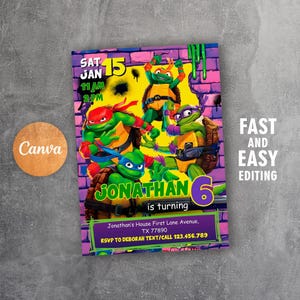 May include: A colorful invitation featuring the Teenage Mutant Ninja Turtles. The invitation includes the text "Jonathan is turning 6" and event details. The design has a brick wall background with green slime accents.